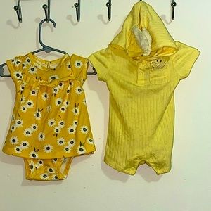 2 set dress/baby jumpsuit shirt.color (yellow) with flowers and a baby chicken.